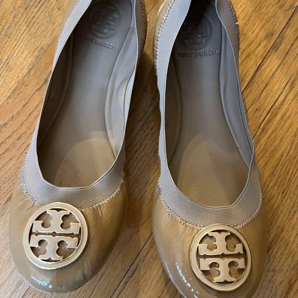 Tory Burch Tan Flats with Gold Logo